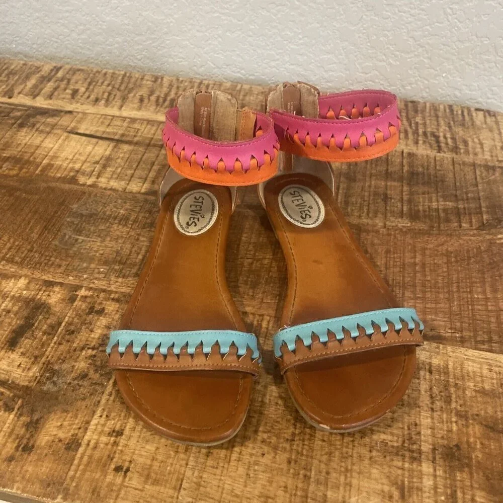 Stevies Girls 3 Tribal Gal Sandals Brown Pink Blue Ankle Strap Flats Open Toe